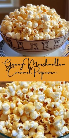 two bowls filled with popcorn sitting on top of a table