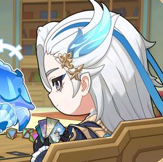 an anime character with white hair and blue eyes is looking at something in front of her