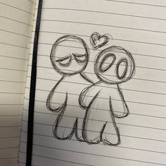 a drawing of two people holding each other's hands, one is drawn on lined paper