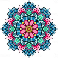 a colorful flower that is in the middle of a circle with leaves and dots on it