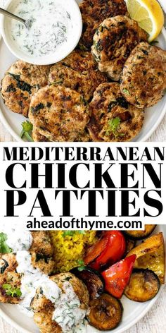 chicken patties on a white plate with vegetables and dip in the background text reads mediterraneanan chicken patties