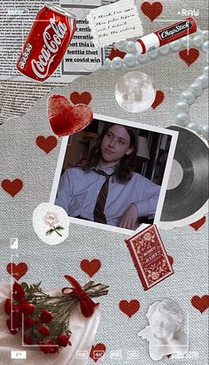 an altered photograph of a girl surrounded by hearts and other items on a table cloth