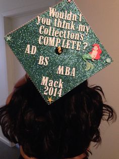 a woman wearing a green graduation cap that says, would you think my collection's complete?