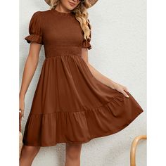 Caramel Mock Neck Pleated Short Sleeve Dress Brown Short Sleeve Mini Dress For Fall, Brown Mini Dress With Short Sleeves For Fall, Brown Solid Color Mini Dress, Casual Brown A-line Midi Dress, Casual Brown A-line Mini Dress, Casual Solid Brown Midi Dress, Non-stretch Brown Dress, Non-stretch Solid Brown Dress, Fitted Brown Solid Midi Dress