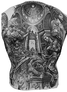 the back of a man's body with tattoos on it, and an image of angels