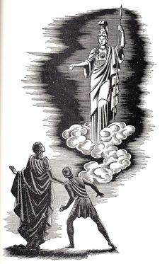 an image of two people standing in front of a statue with clouds around them and one person pointing at the statue