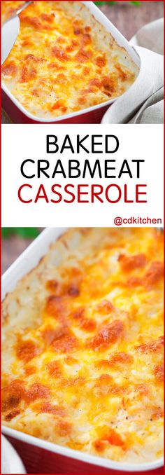 baked crabmeat casserole in a red and white dish with text overlay