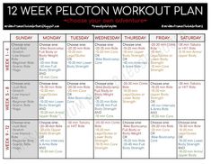 the 12 week peloton workout plan is shown in black and white with red lettering