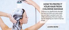 Learn how to protect your hair from chlorine damage. How To Protect Yourself, Head Covering, Protective Hairstyles, Put On, Long Hair, Swimming Pools, Swimming