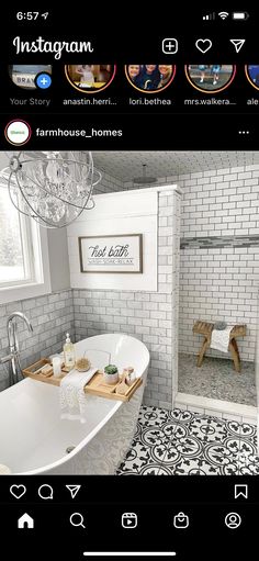 an instagram page with a white bathtub and black and white tile flooring