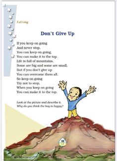 a cartoon character on top of a mountain with the words don't give up