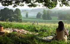 a woman sitting on top of a grass covered field next to a picnic table under a tree