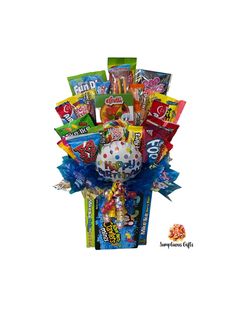 a birthday gift basket filled with candy and candies