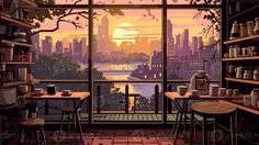 an illustration of a kitchen with a view of the city outside the window at sunset