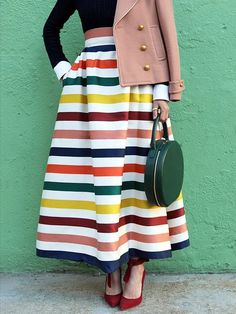 Contrast Color Striped High Waisted Skirts Bottoms Jacqline Fernandez, Striped Skirts, Long Skirt Casual, Spring Stripes, Plus Size Skirt, Atlantic Pacific, Rock N’roll, Fashion Sites