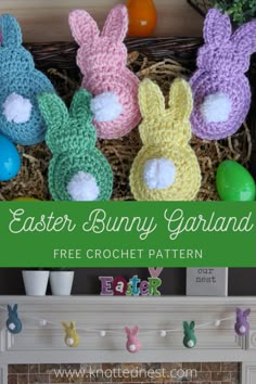 crocheted easter bunny garlands in front of a fireplace with the text, free crochet pattern