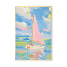 a painting of a sailboat on the water with clouds in the sky behind it