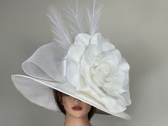 "Vogue hats are perfect for horse racing events, church, the Kentucky derby, weddings, garden tea parties and charity events. One size hat (21\" -22.5\")/ Adjustable inner band  Wired brim is approx. 6\" Flower is approx. 14\" 100% Brand new, hand made and high quality. Please visit my other shop https://www.etsy.com/shop/BridalWorldAccessory Thank you very much for shopping  at my shop. Have a great day." Fitted White Top Hat For Kentucky Derby, Classic White Hat For Royal Ascot, Classic White Party Hat, White Top Hat For Royal Ascot Races, Fitted Top Hat For Kentucky Derby, Fitted Hat For Kentucky Derby Races, White Fitted Hat For Races, Classic White Hat For Garden Party, Classic White Hats For Garden Party