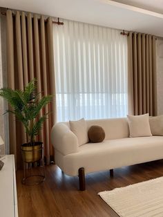 a living room filled with furniture and a large window covered in draping next to a potted plant