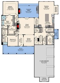 the first floor plan for a house with three car garages and two separate living areas