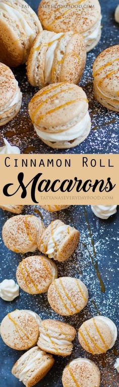 cinnamon roll macarons on a blue surface with the title overlay above it