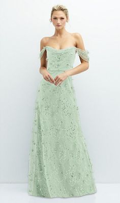 Spring Wedding Off Shoulder Maxi Dress, Runway Gowns, Senior Prom Dresses, Maid Of Honour Dresses, Mother Of Groom Dresses, Garden Dress, Green Bridesmaid, Floral Gown, Long White Dress