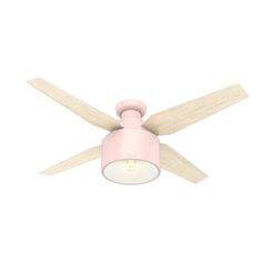 a pink ceiling fan with two wooden blades and a light bulb on the top of it