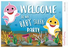 a welcome baby shark party sign with two sharks in the water and corals around it