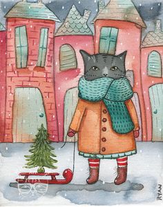 a painting of a cat wearing a scarf and holding a christmas tree in the snow