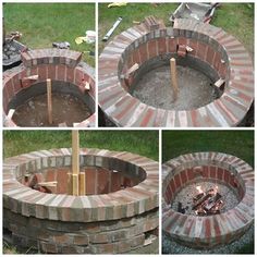 four pictures of a fire pit made out of bricks