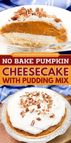 Looking for a quick Thanksgiving dessert recipe? Try this No Bake Pumpkin Cheesecake with Pudding Mix! It's the perfect combination of cheesecake and pumpkin pie all in one delicious recipe. Save this sweet treat to make at home! Jello Pudding Pumpkin Pie, Pumpkin Cheesecake Dump Cake Recipe, Canned Pumpkin Pie Filling Recipes Desserts, Pumpkin Spice Pudding Mix Recipes, No Bake Pumpkin Cheesecake With Vanilla Pudding, No Bake Layered Pumpkin Cheesecake, Recipes Using Jello Pumpkin Spice Pudding, Crustless Pumpkin Cheesecake Recipes, Pumpkin Cheesecake Pudding Dessert