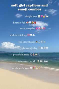 a beach with the words soft girl captions and emoji combos on it