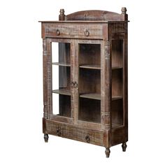 an old wooden cabinet with glass doors on the front and bottom shelves, isolated against a white background