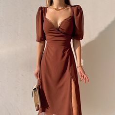 Brown Midi Dress, Chiffon Fashion, A Line Shorts, Split Dress, Hip Dress, Womens Black Dress, Spring Summer Dress, Types Of Skirts, V Neck Dress