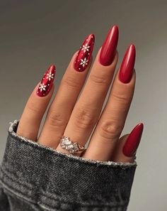 30 Bright & Stylish Red Christmas Nail Designs for 2024 Elegant Winter Nails Red, Christmas Acrylic Nails Snowflakes, Xmas Red Nails Christmas Design, Red Christmas Nails With Snowflake, Winter Nail Ideas Almond Shape, Red Christmas Nails Snowflakes, Red Winter Nail Ideas, Red Xmas Nails Designs, Xmas Nails Snowflake