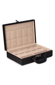 Store your watch collection in a handsome case designed with a rich leather exterior and plush suede lining. A three-digit combination lock adds an extra layer of security to protect your timepieces. 13.5" x 3.5" x 9.5" Holds up to 10 watches Three-digit combination locking cover Leather Imported Classic Box-shaped Watch Accessories For Business, Classic Business Watch Accessories Box, Formal Rectangular Watch Case Accessories, Classic Rectangular Watch Accessories With Original Box, Classic Rectangular Watch Case For Business, Classic Rectangular Business Watch Case, Classic Formal Watch Accessories With Case, Classic Rectangular Watch Storage Accessories, Classic Rectangular Watch Storage Box