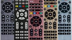 four different types of remote controls are shown in this set of five images, each with the same number of buttons