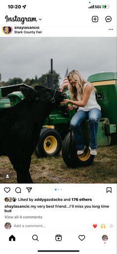 a woman is petting a black cow