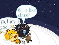 two cartoon characters are talking to each other on the snow covered ground with stars in the background