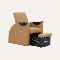 a brown recliner chair sitting next to a black drawer