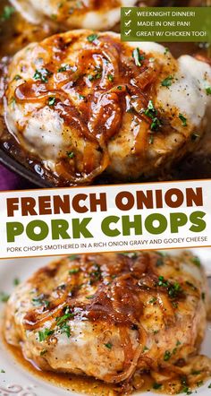 french onion pork chops on a white plate