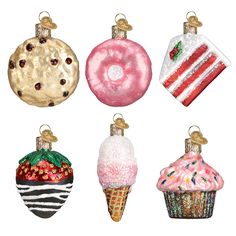 six christmas ornaments in different colors and designs