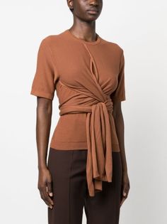 LEMAIRE Wrap Cotton T-shirt - Farfetch Fitted Brown Wrap Top, Brown Crew Neck T-shirt For Work, Brown Short Sleeve T-shirt For Work, Long Sleeve Wrap Top, Round Neck Tops, Wrap Top, Sleeve Cotton, Cotton T Shirt, Cognac