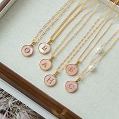 Introducing our Personalized gold-Filled pink mother of Pearl Initial Necklace. These stunning pieces combine the timeless elegance of mother of pearl with the personal touch of a customizable initial pendant. Plus, you can choose from six versatile chain options to suit your style and preferences.These wonderful pieces of jewelry will make a sweet, thoughtful, and precious gift for yourself or that special someone. Product Details Chain: -Gold-filled Curb Chain   Width: 2mm -Gold-filled Box Cha Letter Necklace Gold, Personalized Gold Necklace, Pearl Letters, Gold Letter Necklace, Precious Gift, San Gabriel, Chain Gold, Initial Pendant, Letter Necklace