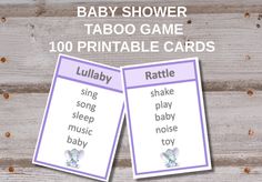 two baby shower game cards with the words lullaby and rattle