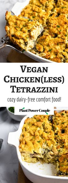 vegan chicken and tetrazzini casserole with text overlay