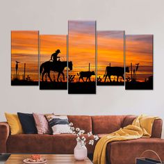 Cowboy Sunset Wall Art will easily beautify any room. Bring this stunning art of your favorite animal into your home to set a positive tone to the entire space. Cowboy Sunset, Sunset Artwork, Silhouette Photography, Silhouette Wall Art, Sunset Wall, Sunset Wall Art, Sunset Canvas, Favorite Animal, Canvas Decor