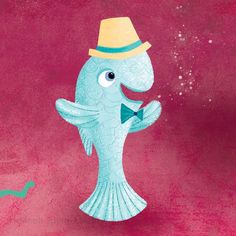 a blue fish with a hat and bow tie standing in front of a red background