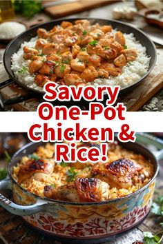 Image showing two dishes of delicious one-pot chicken and rice garnished with fresh herbs. One Pot Bbq Chicken And Rice, One Pot Meals With Rice, Easy One Pot Chicken And Rice, Herb Chicken Recipes, Chicken And Rice Recipe, Chicken And Rice Dishes, Lemon Herb Chicken, Zesty Sauce, Easy Peasy Recipes