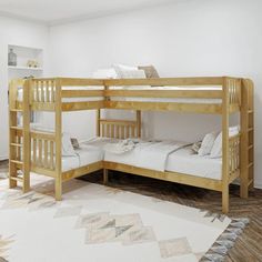 a bunk bed sitting on top of a wooden floor next to a white rug in a room